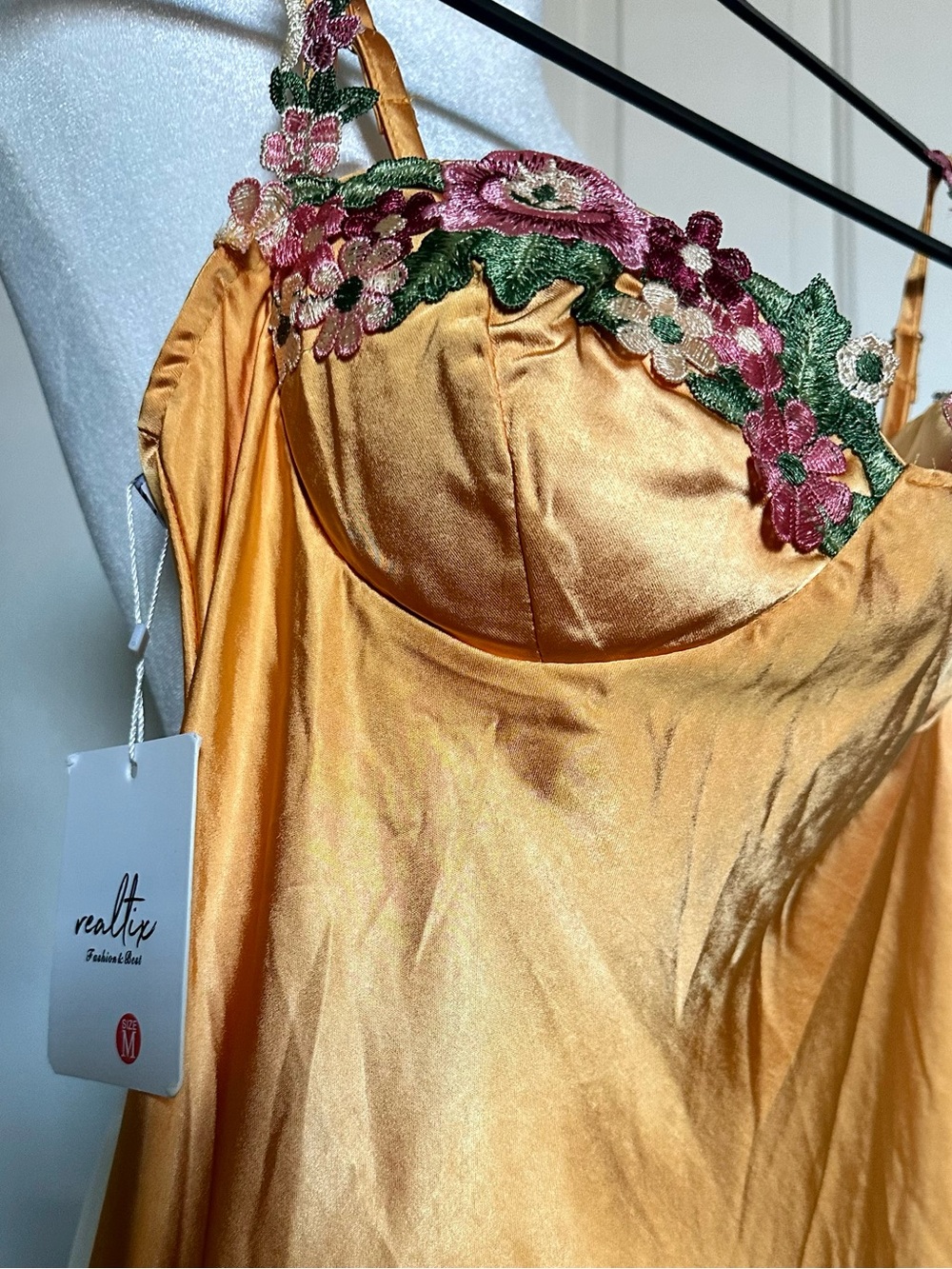 Satin Spaghetti Strap Floral Embroidered Maxi Dress SZ M - Picture 6 of 6